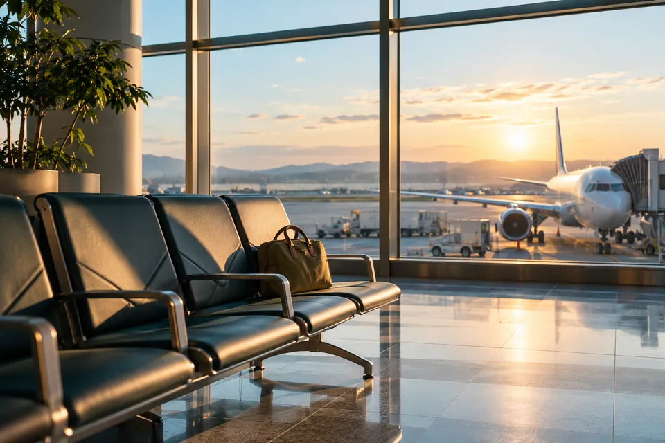 Illustrative calm airport seating area beside windows