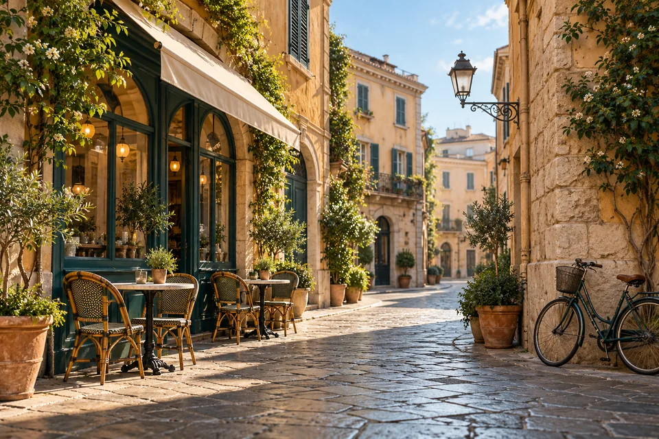 Illustrative sunlit city corner with cafe chairs and a bicycle