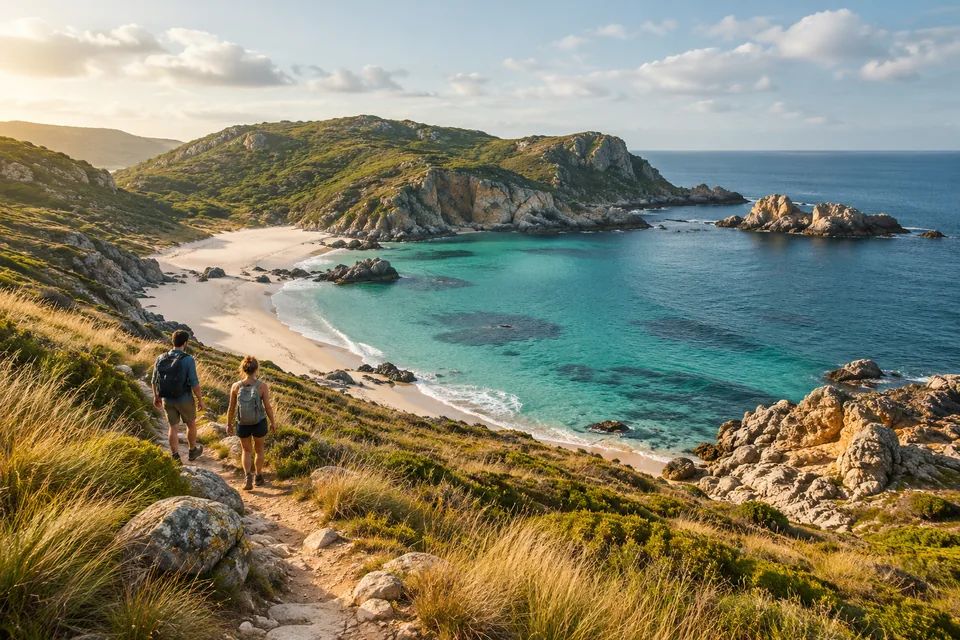 Illustrative walkers on a trail above a turquoise bay