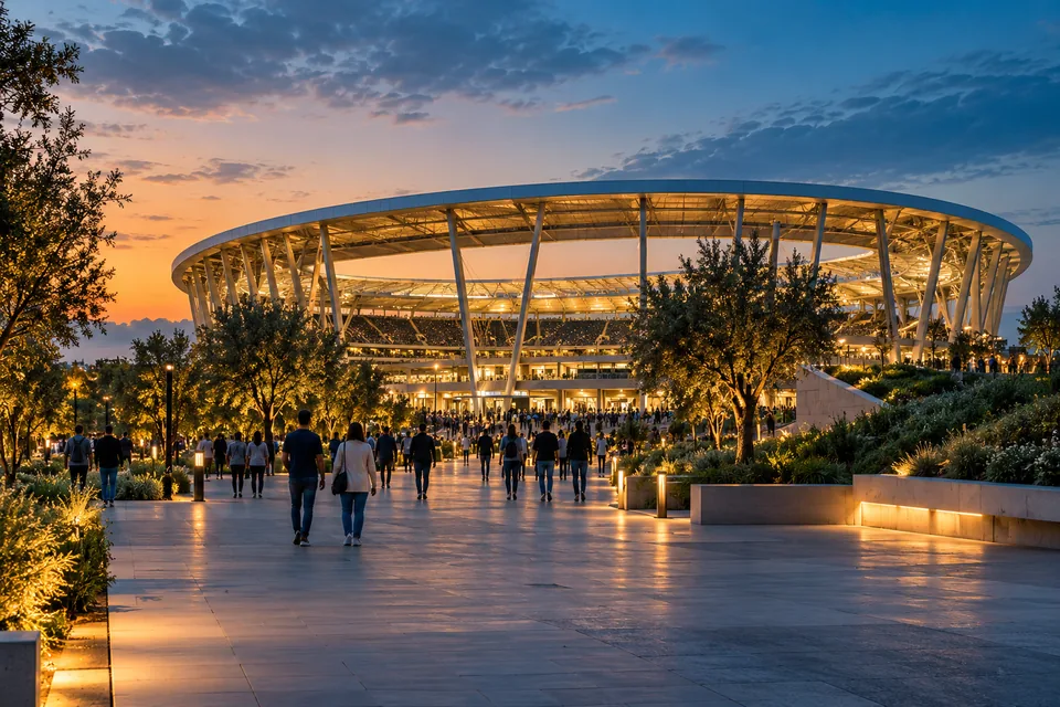 Illustrative stadium approach at dusk with a distant crowd