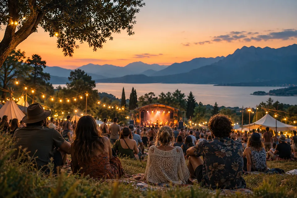 Illustrative outdoor festival with string lights at dusk