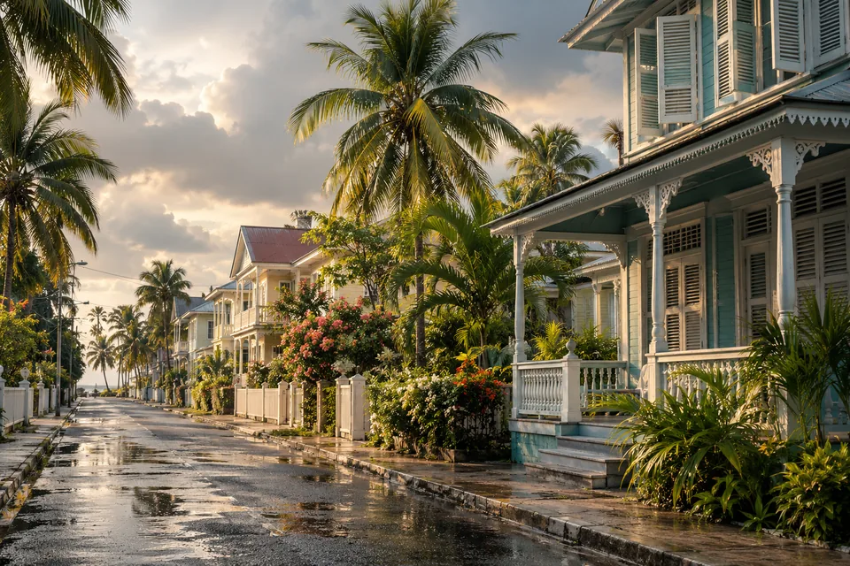 Georgetown-inspired timber streetscape illustration with verandas and palms