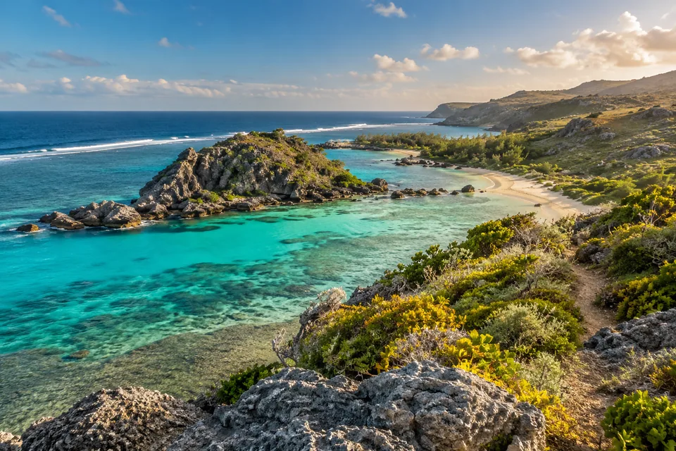Illustrative turquoise island cove with a low coastal headland