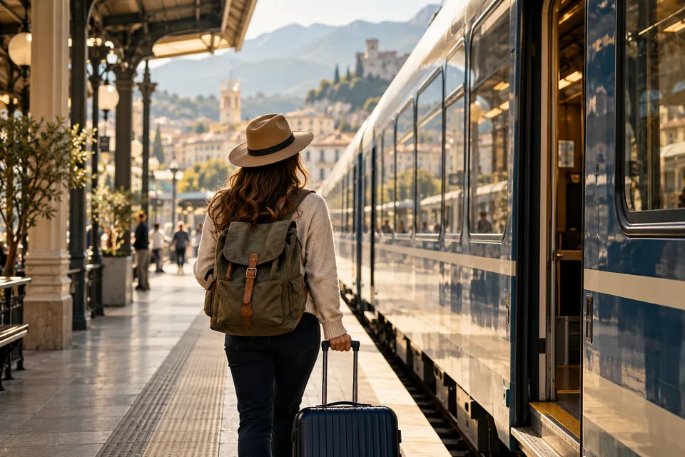 Illustrative traveler with a compact case beside an intercity train