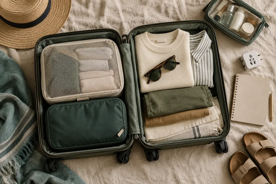 Illustrative overhead view of a carefully packed carry-on