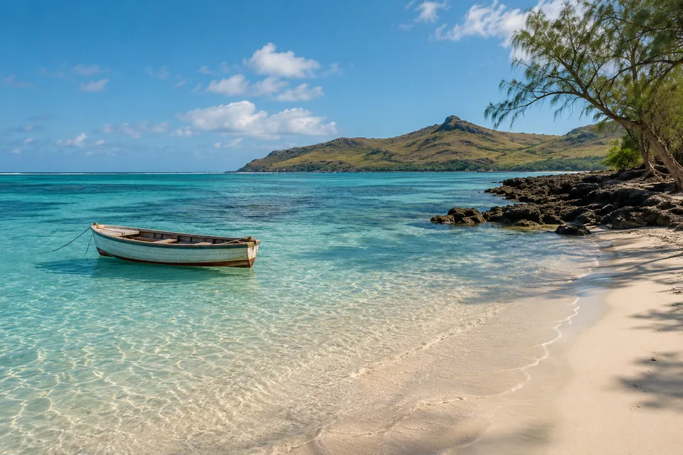 Rodrigues-inspired lagoon illustration with a wooden fishing boat