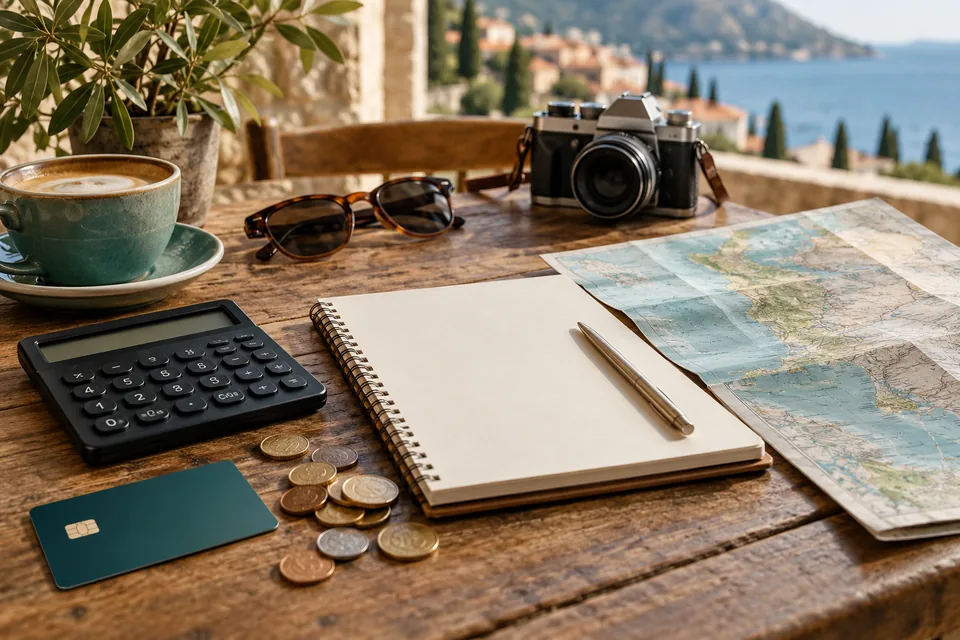 Illustrative trip-budget desk with calculator, notebook and coins