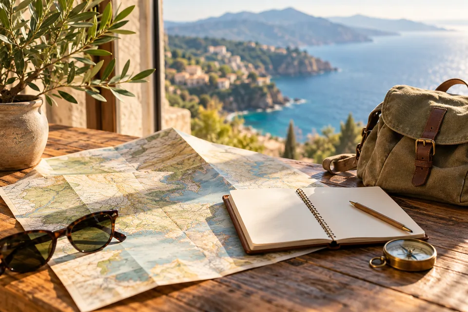 Illustrative travel-planning desk with a notebook and map