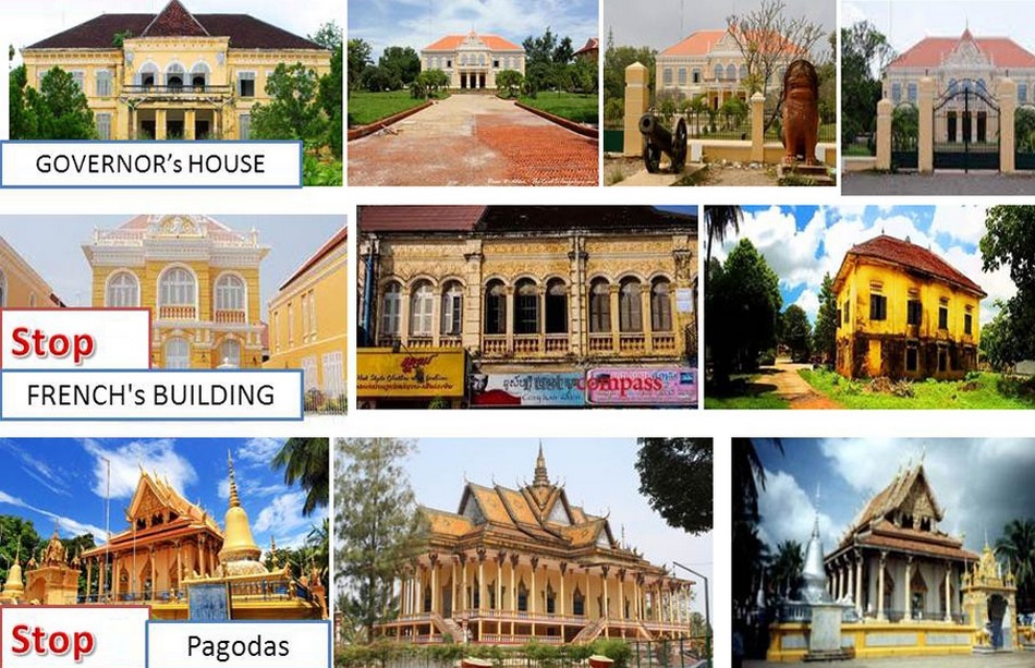 Battambang city colonial buildings and pagodas