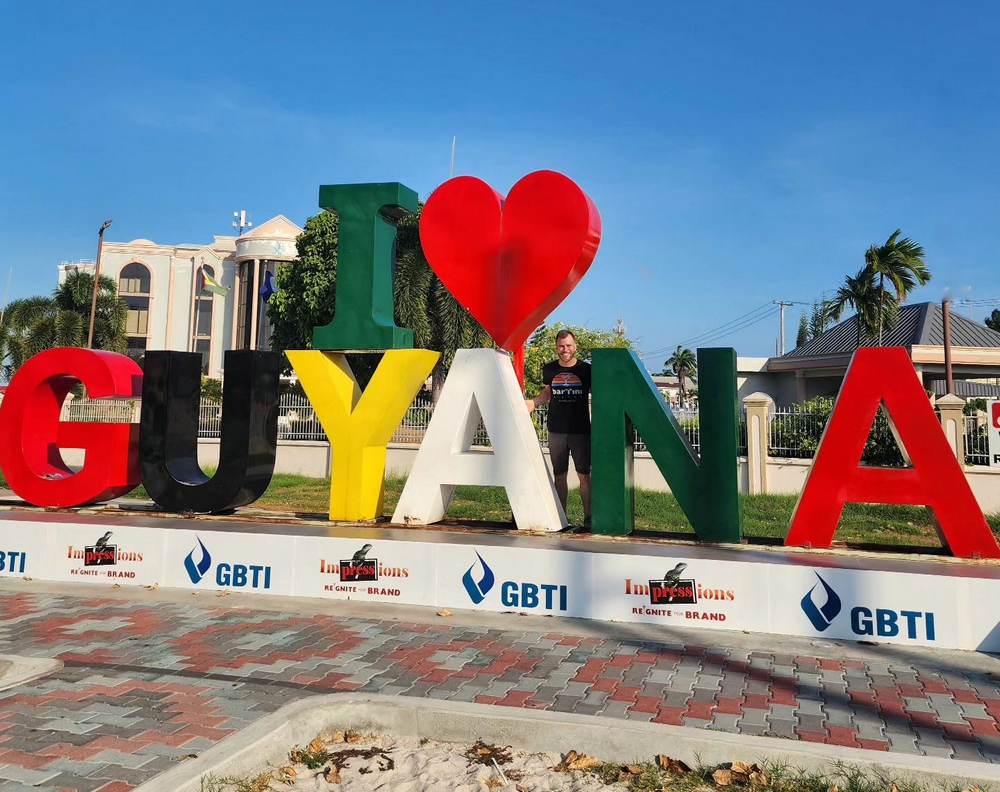 The I Love Guyana sign in Georgetown, in front of the Pegasus hotel.